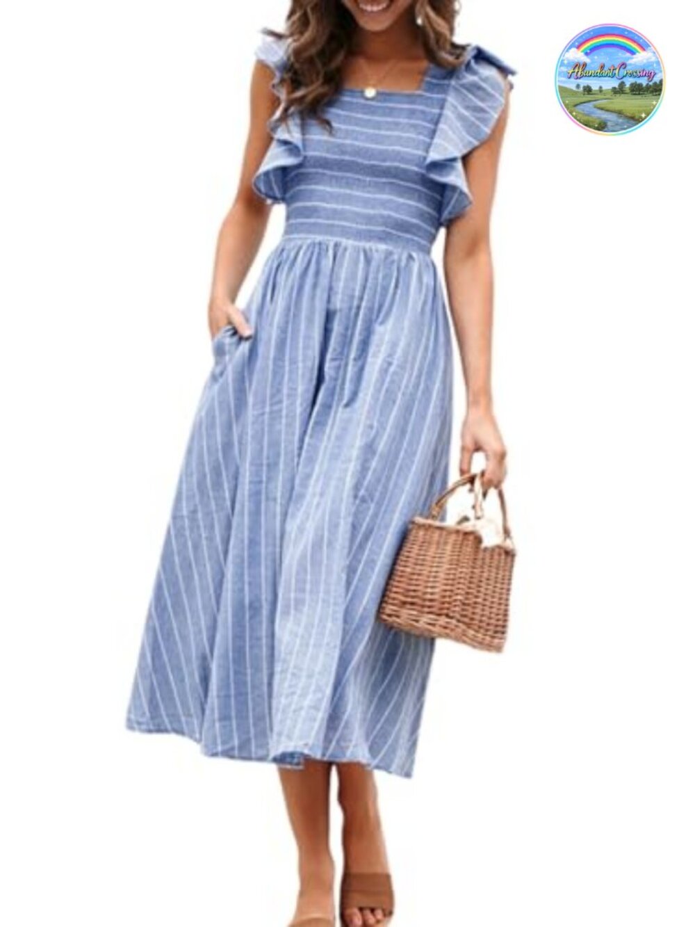 Miessial Womens Smocked Midi Dress Flutter Sleeve A-Line Flowy with Pockets